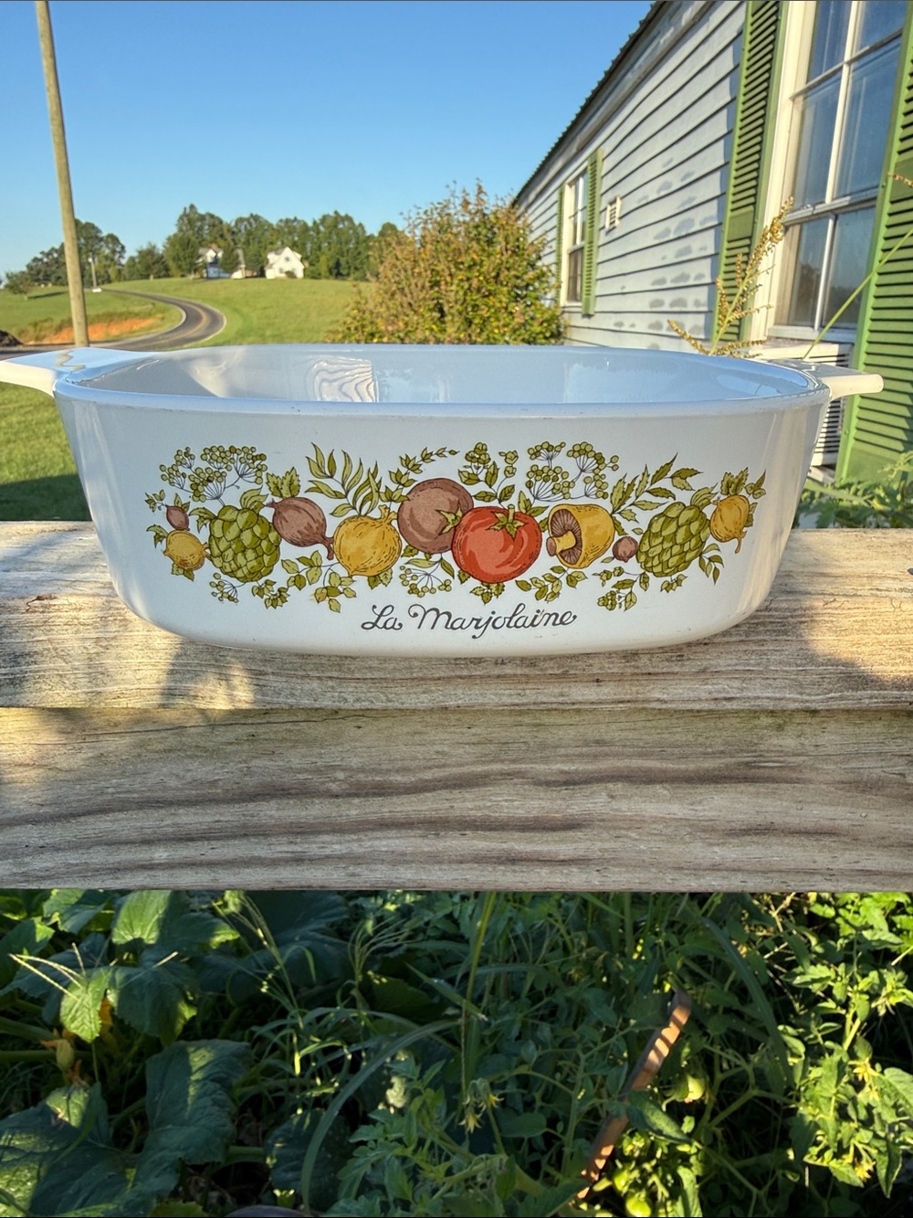 Vintage CorningwareLa Marjolaine White Casserole with Vegetable Motif